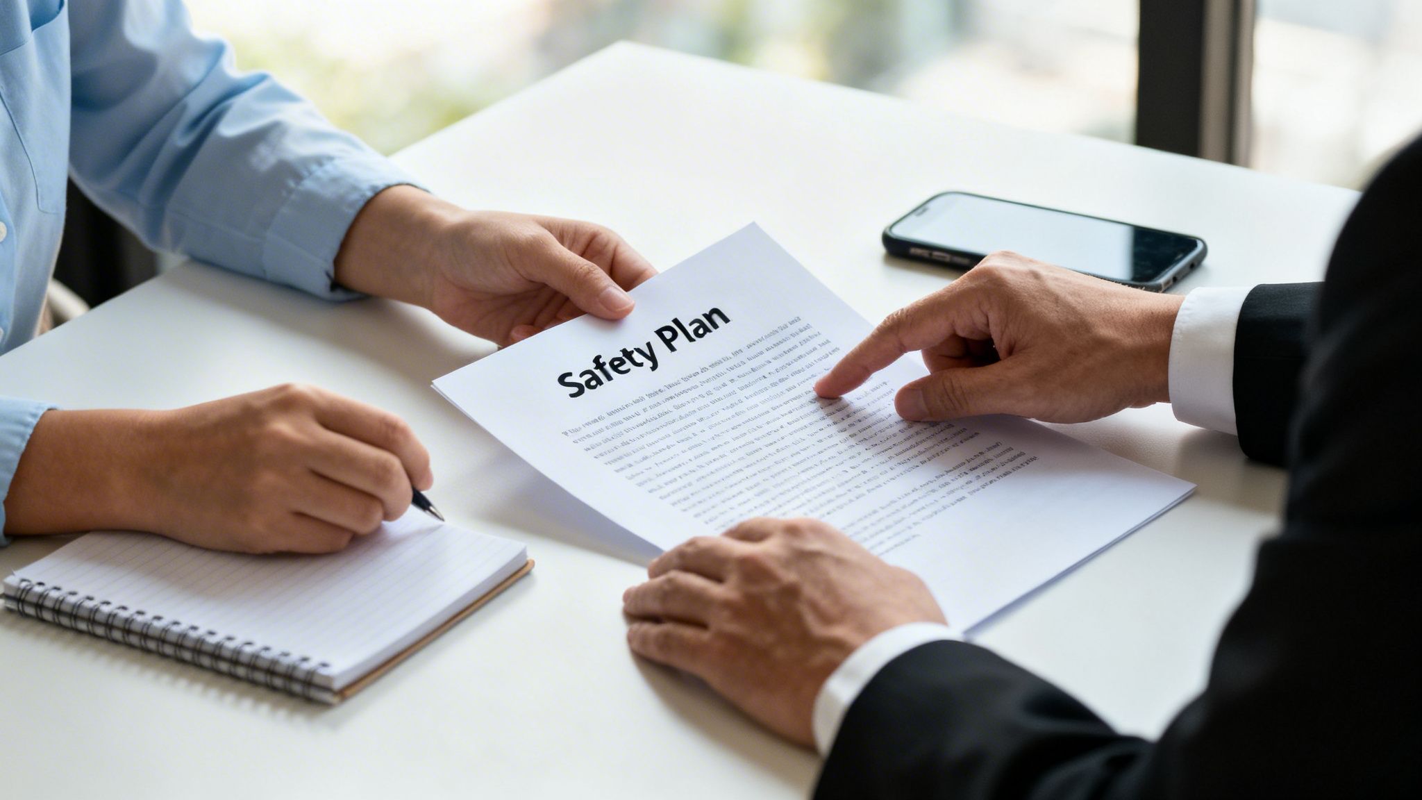 Two people review a 'Safety Plan' document at a desk, one pointing, the other taking notes.