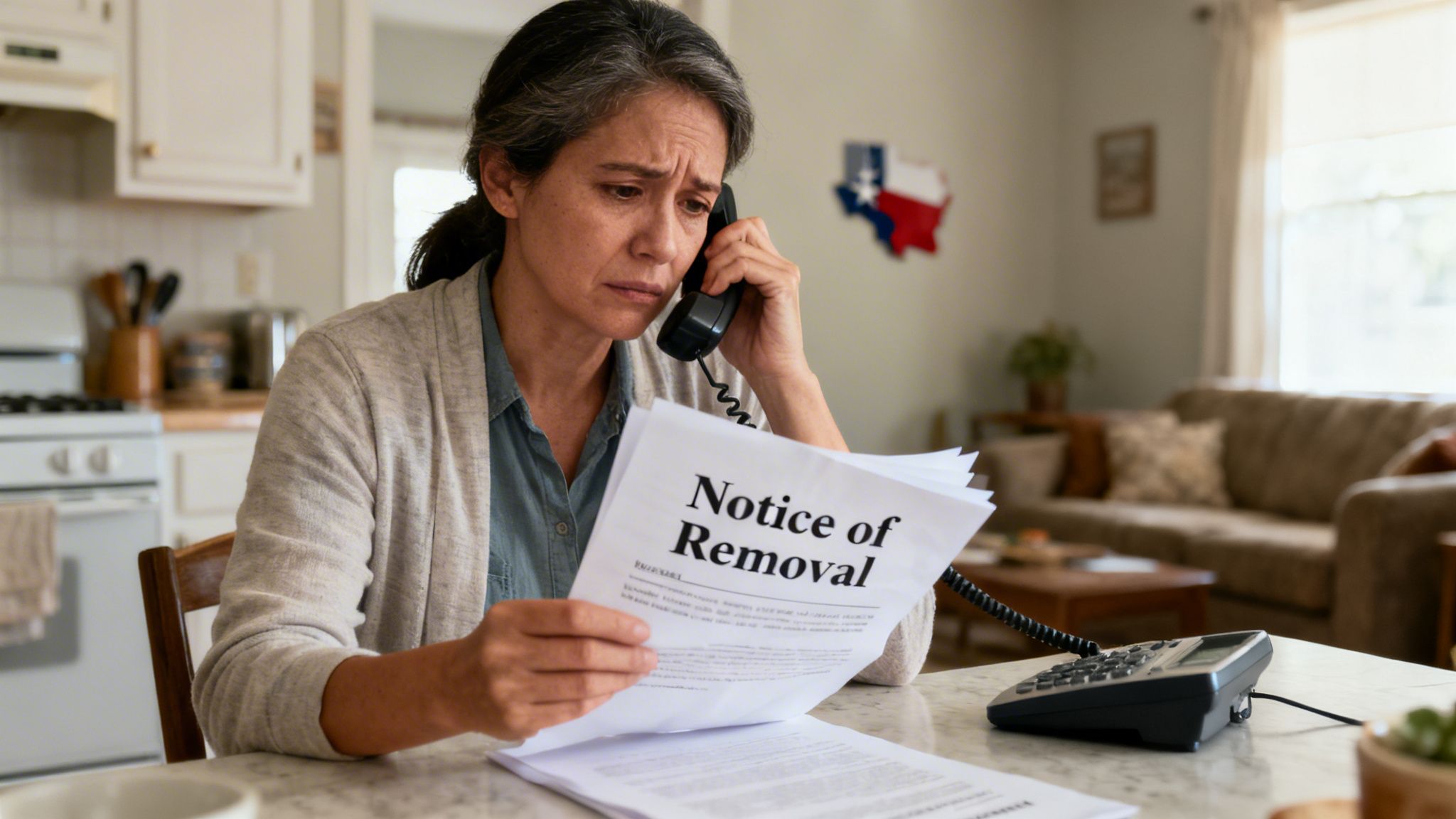 A distressed woman on the phone, holding a 'Notice of Removal' document at home.