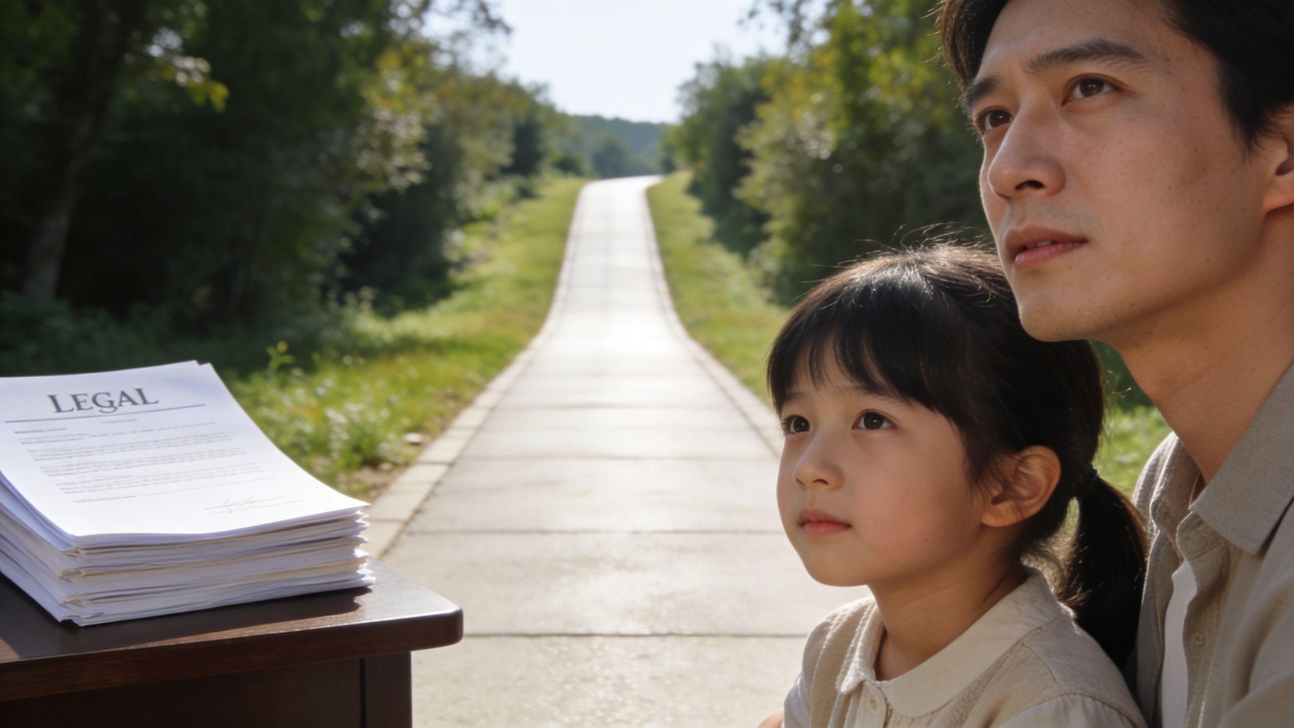 A father and his young daughter gazing towards the horizon beside a stack of legal documents.