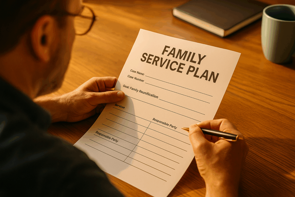 A family service plan document being reviewed, highlighting the importance of family reunification.