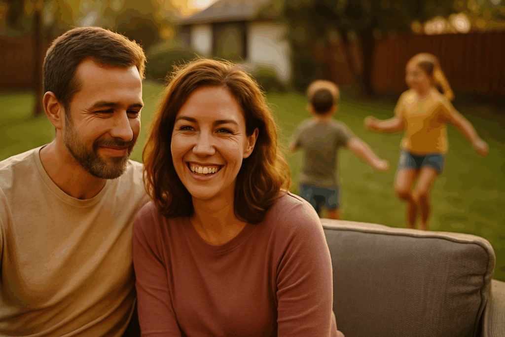 A supportive family environment with blurred images of children playing, emphasizing parental participation.