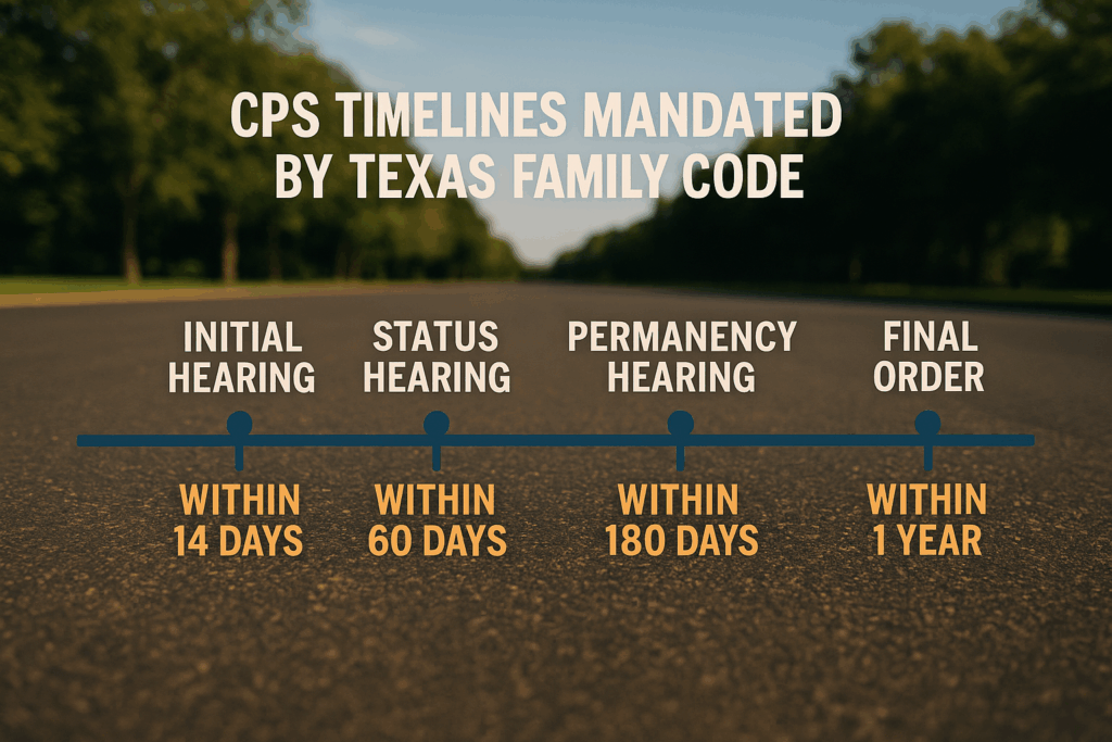 A timeline illustrating the mandated timelines by Texas Family Code for CPS cases.