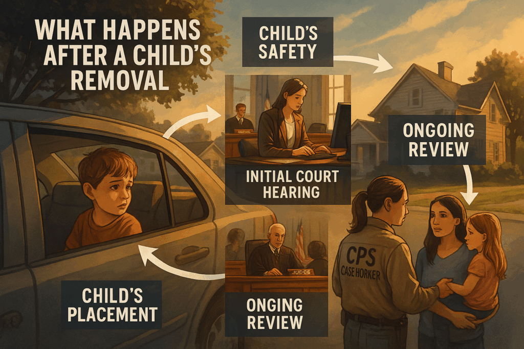 An illustration depicting the process following a child's removal, highlighting the child's safety and welfare.