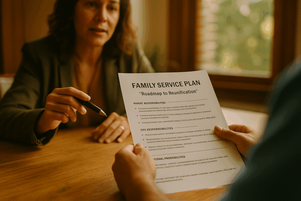 A family service plan document being discussed, highlighting the roadmap to reunification.