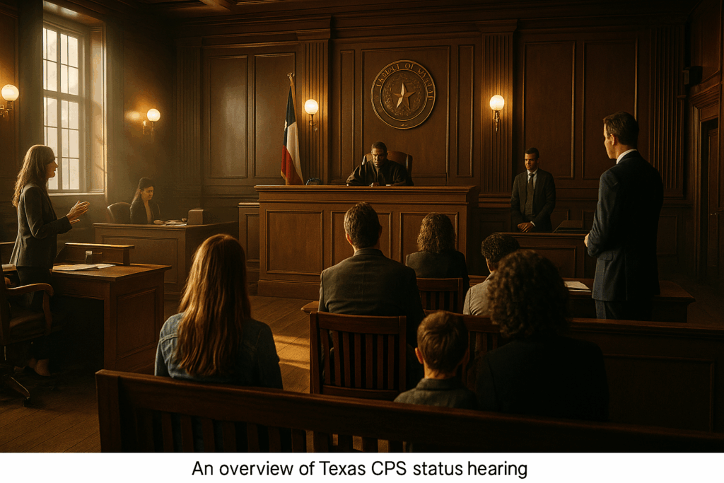 An overview of a Texas CPS status hearing, showing a courtroom setting.