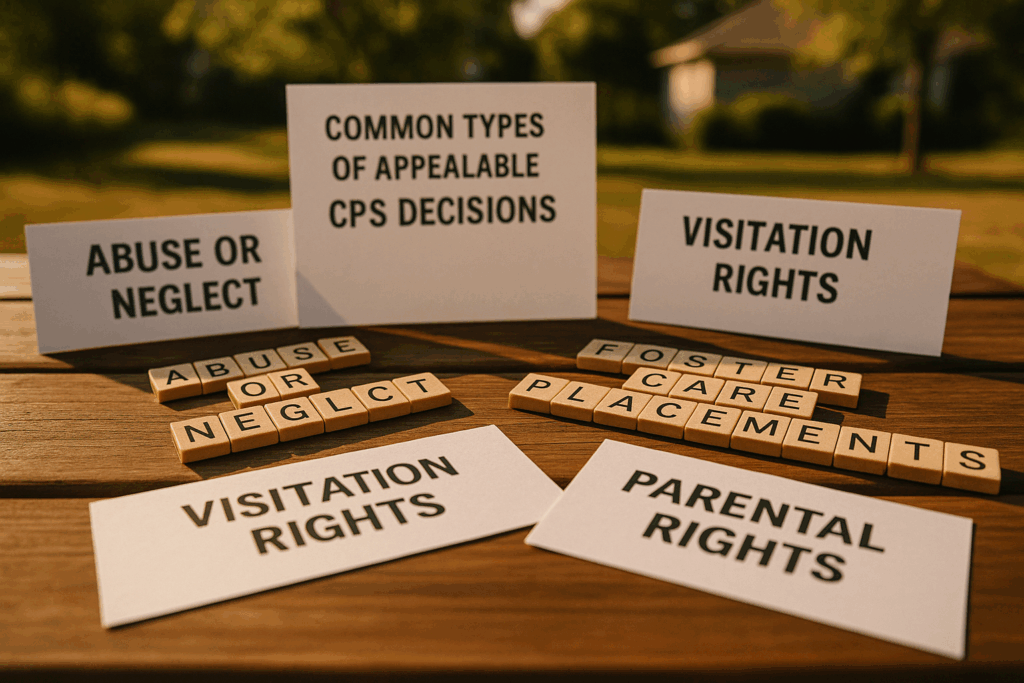 Common types of appealable CPS decisions, depicted through a visual representation.