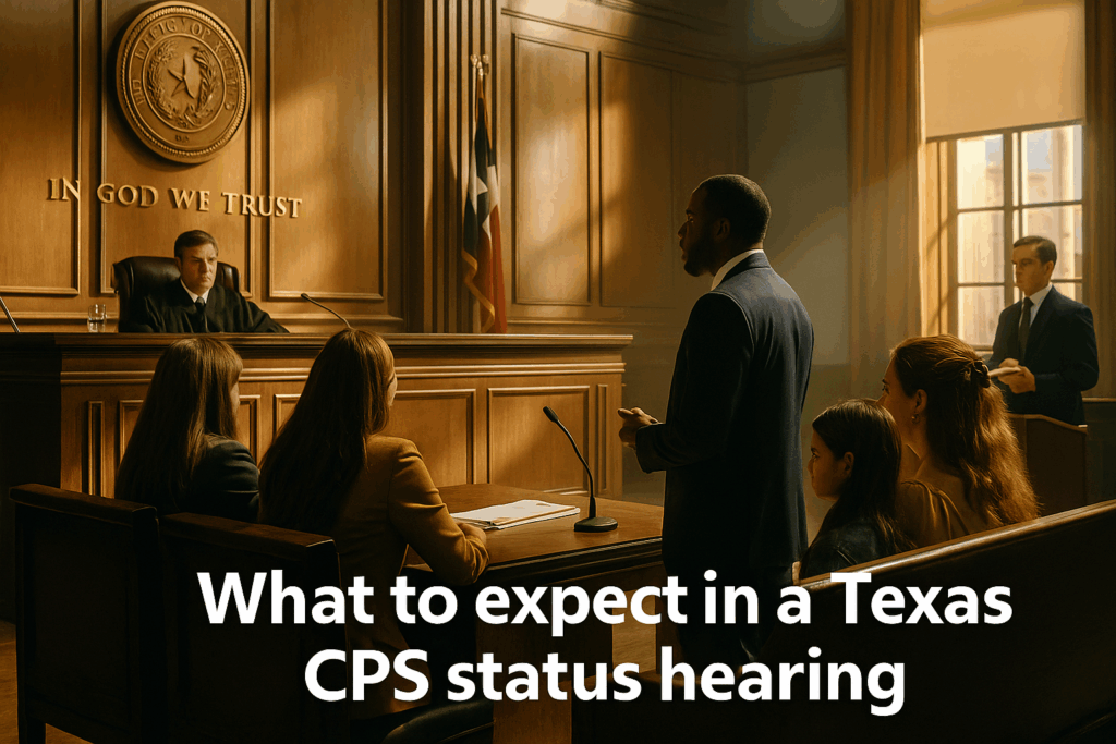 What to expect in a Texas CPS status hearing, depicting courtroom interactions.