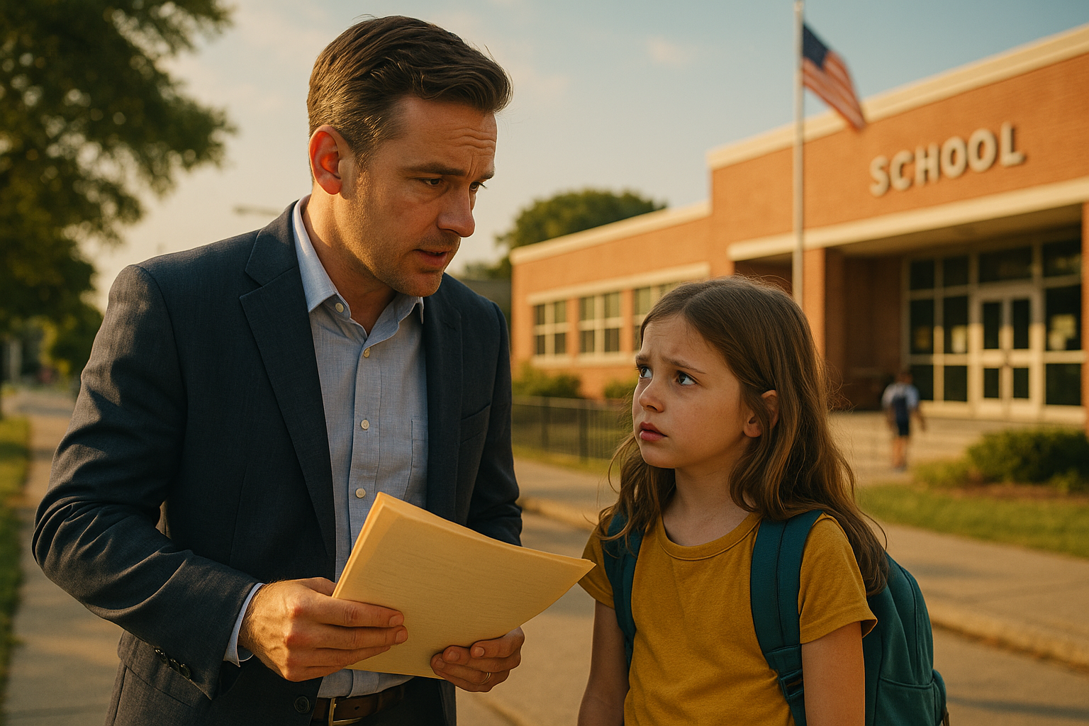 A father reviews school documents with his daughter outside a Texas elementary school, representing the importance of preparing for a CPS status hearing that could impact a child&rsquo;s education and family life.
