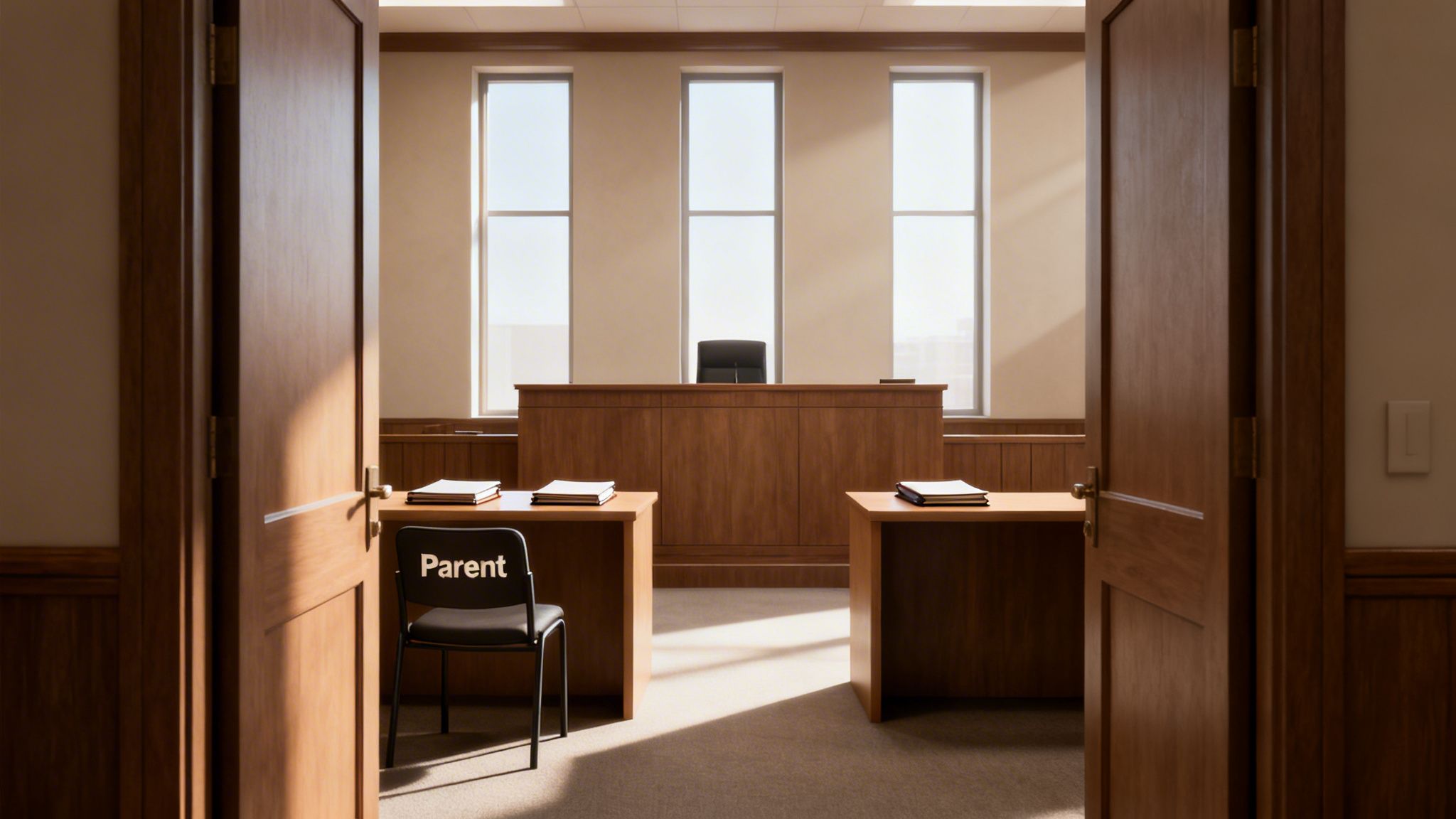 A courtroom scene with two open doors, a judge's bench, and a chair labeled "Parent" highlighting family legal proceedings.