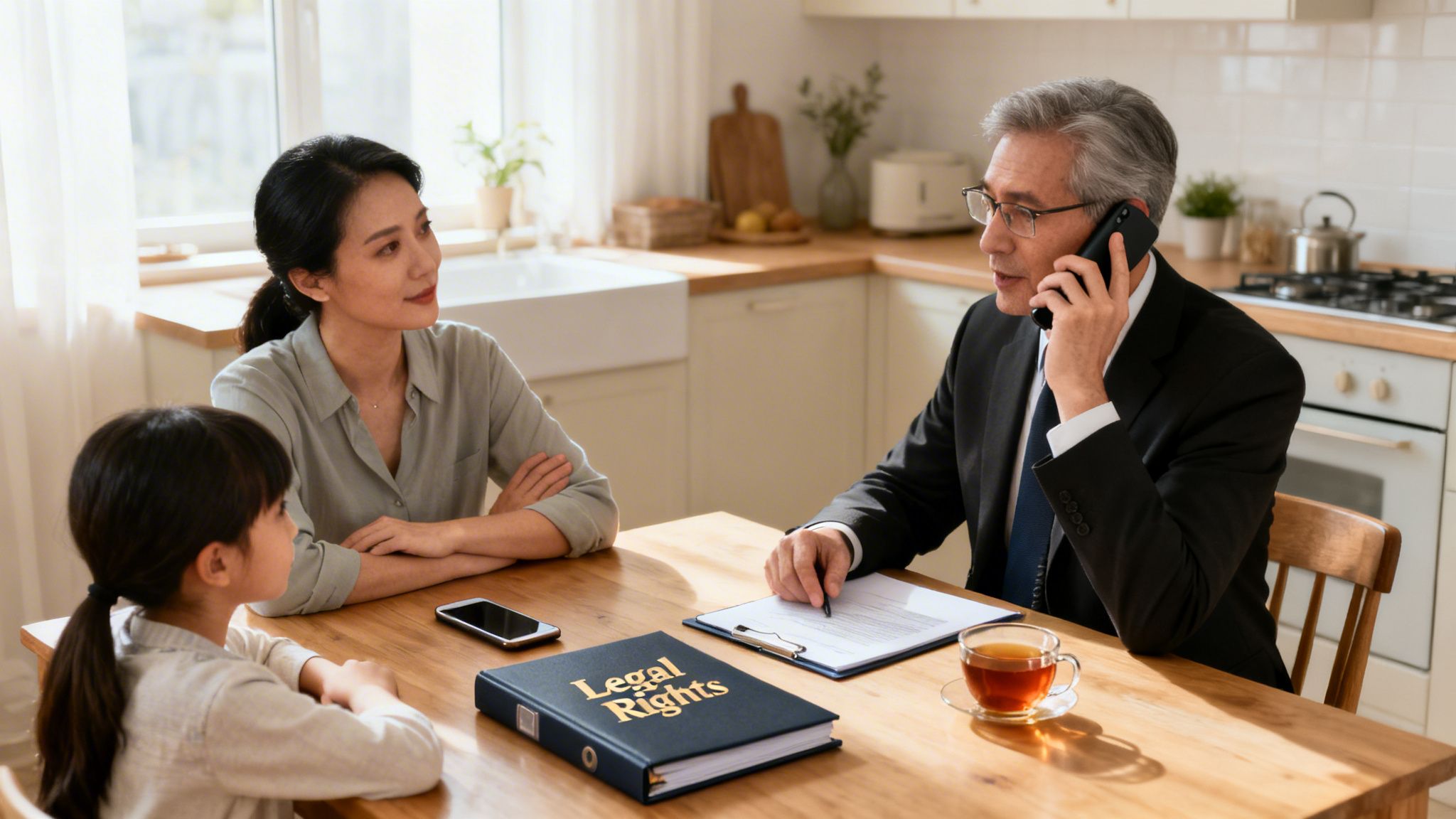 A lawyer on the phone discusses legal rights with a mother and child in their home.