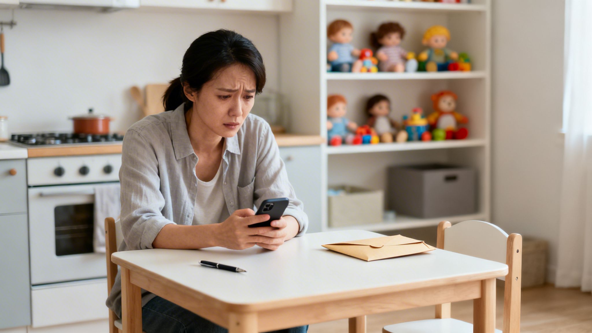 A sad woman sits at a table, looking at her phone with a brown envelope next to her.
