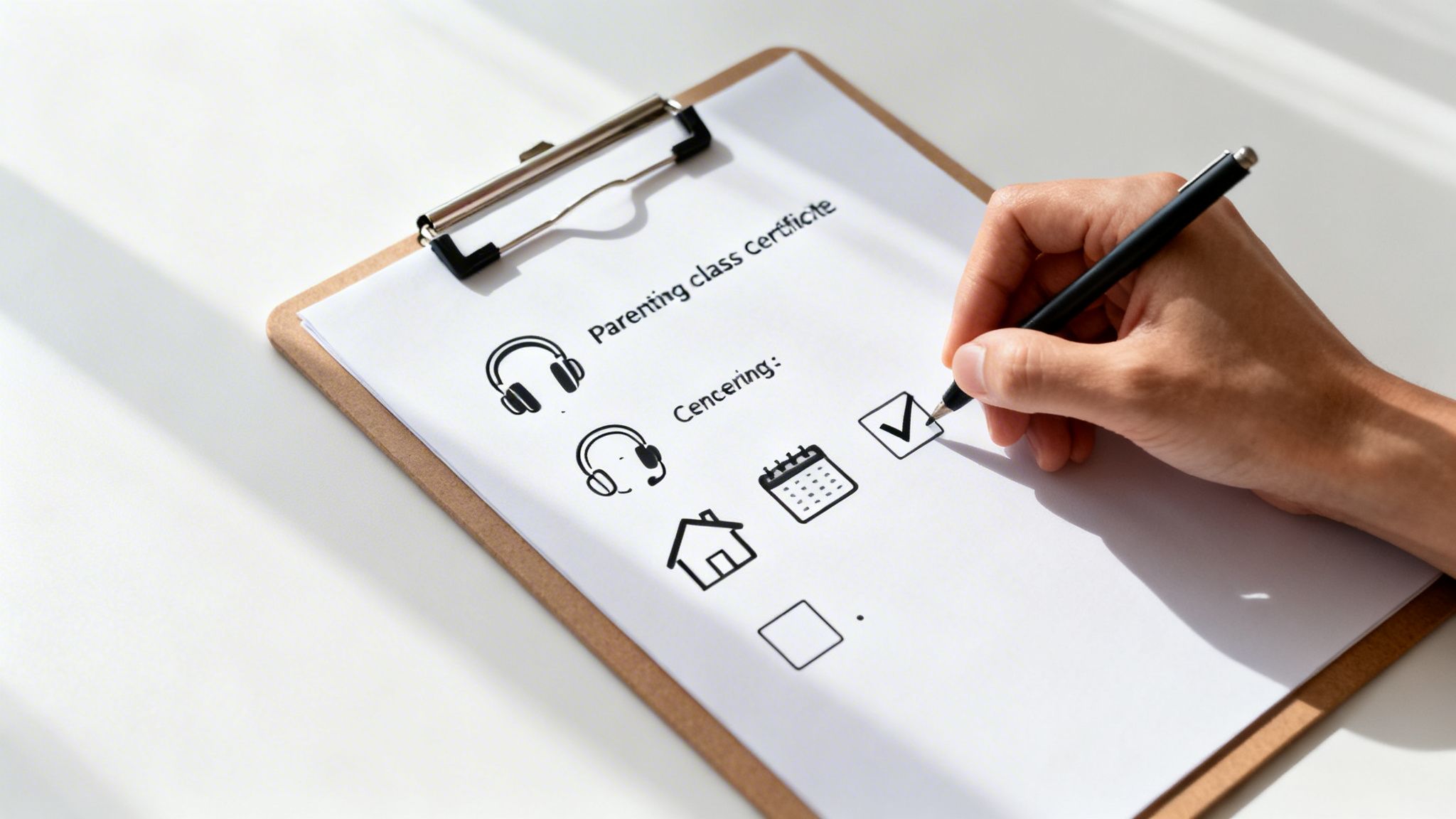 A hand checks a box on a 'Parenting class Certificate' form with icons like headphones, calendar, and house.