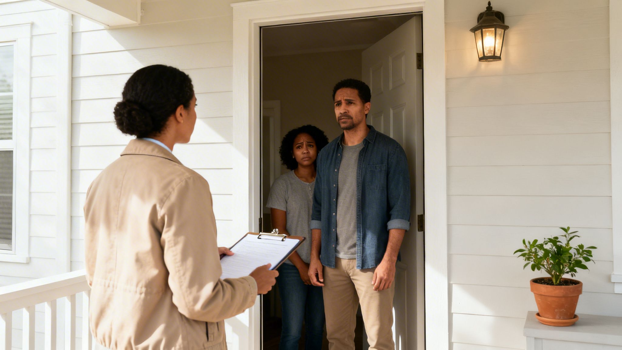 A person with a clipboard talks to a distressed couple standing at their home's front door.