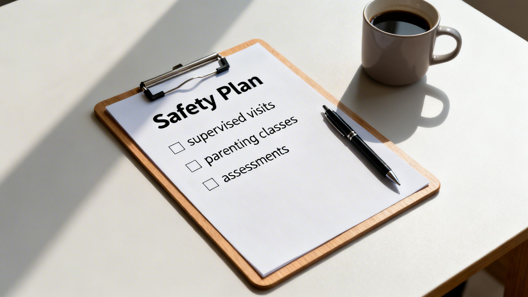 A 'Safety Plan' document on a clipboard, listing supervised visits, parenting classes, assessments, with pen and coffee.