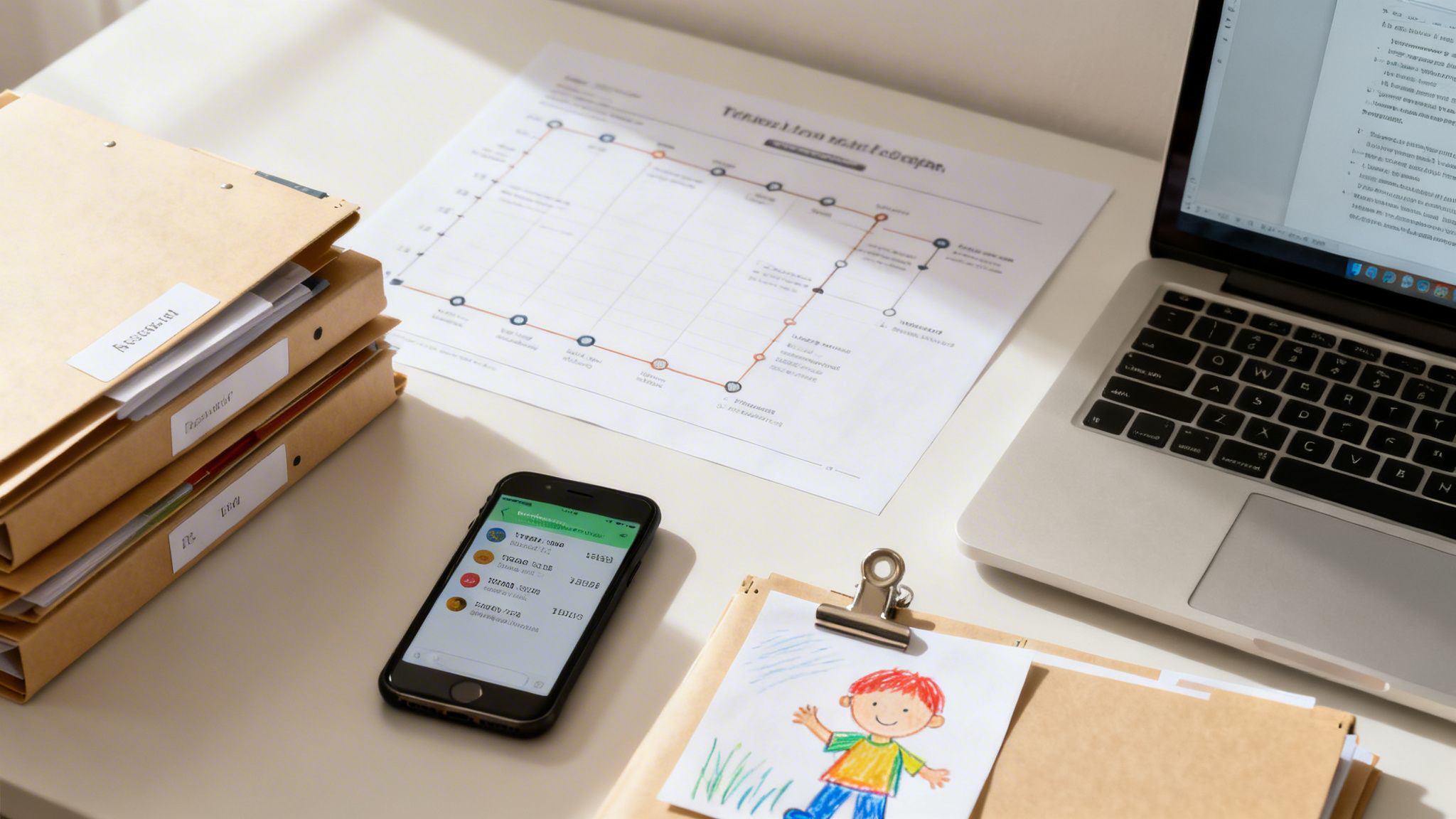 A bright workspace featuring a laptop, smartphone, graph, stack of folders, and a child's drawing.