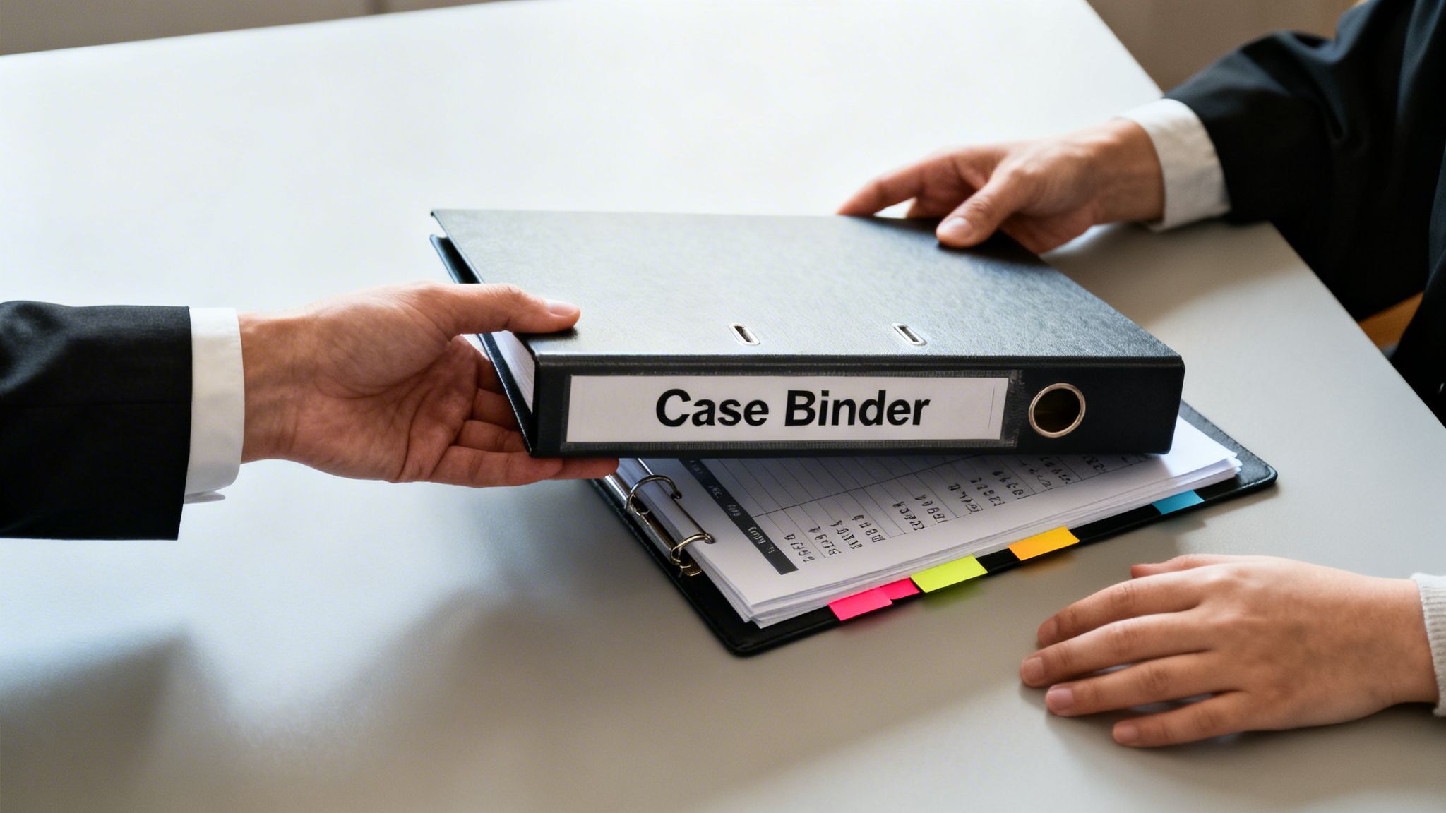 Two people's hands transfer a black 'Case Binder' file over a desk with other documents.