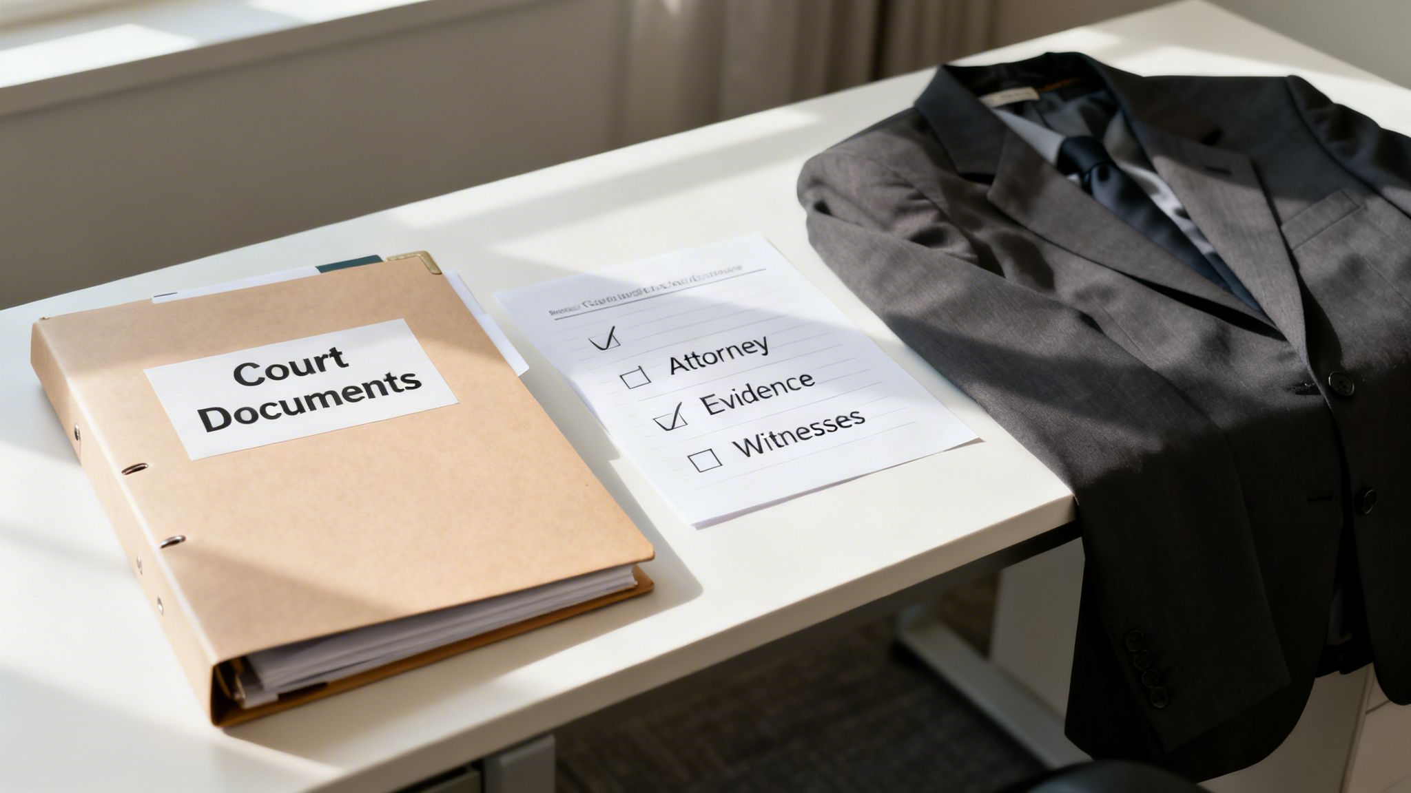 A desk with a "Court Documents" binder, a legal checklist, and a suit jacket, suggesting court preparation.