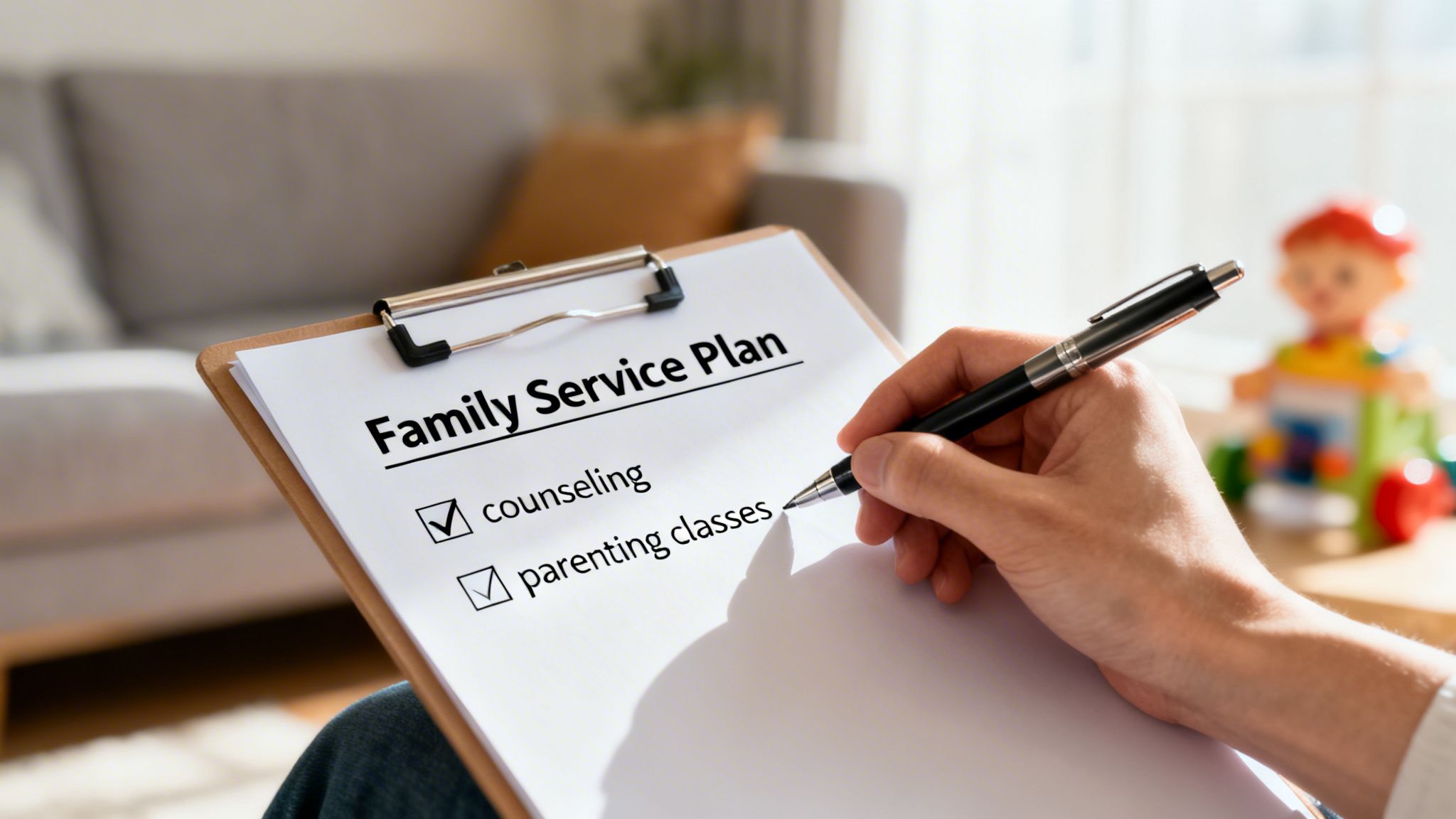 A hand checking 'counseling' and 'parenting classes' on a 'Family Service Plan' document.