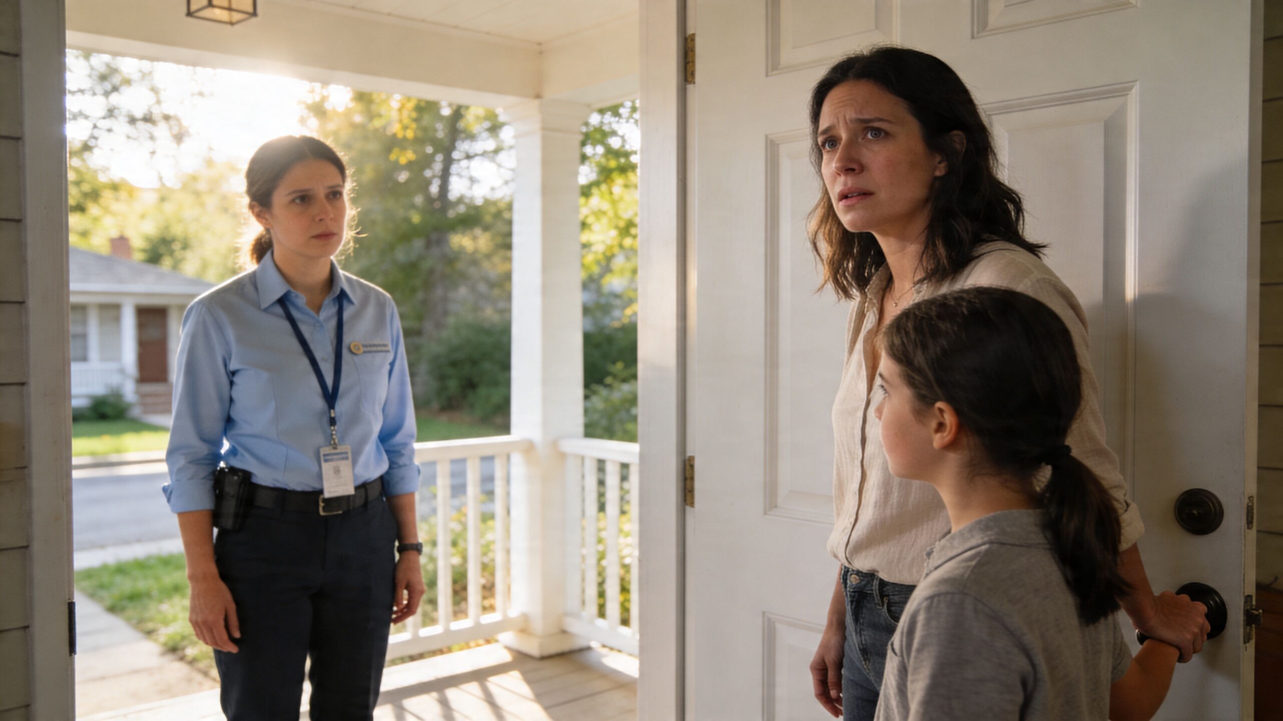 A concerned woman and a child stand in a doorway facing a person in a uniform.