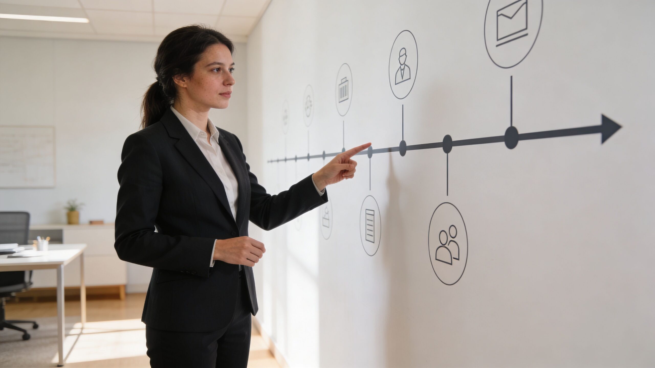 A professional woman in a business suit points to a timeline graphic on an office wall.
