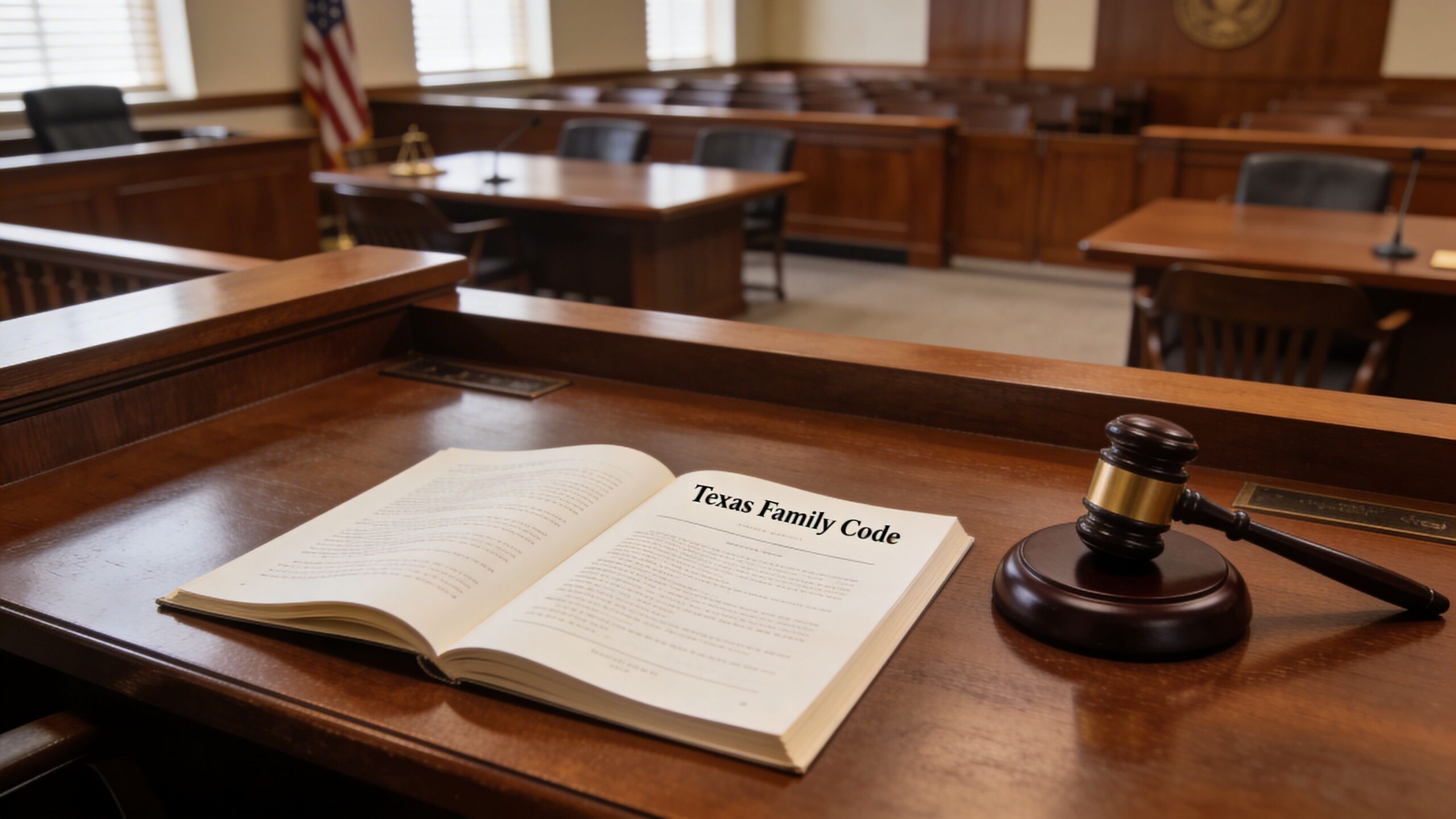 An open copy of the Texas Family Code law book resting on a courtroom judge's bench.
