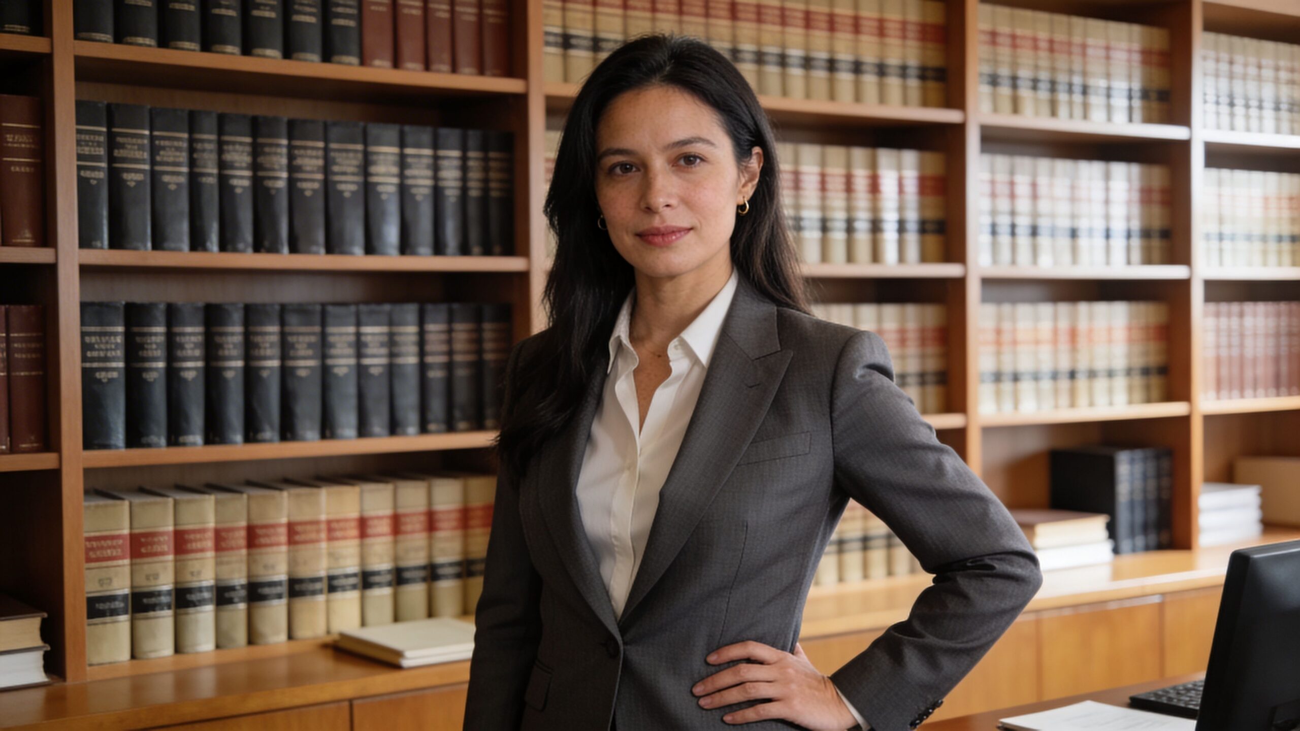 A professional woman in a gray suit standing in front of a bookshelf filled with law books.