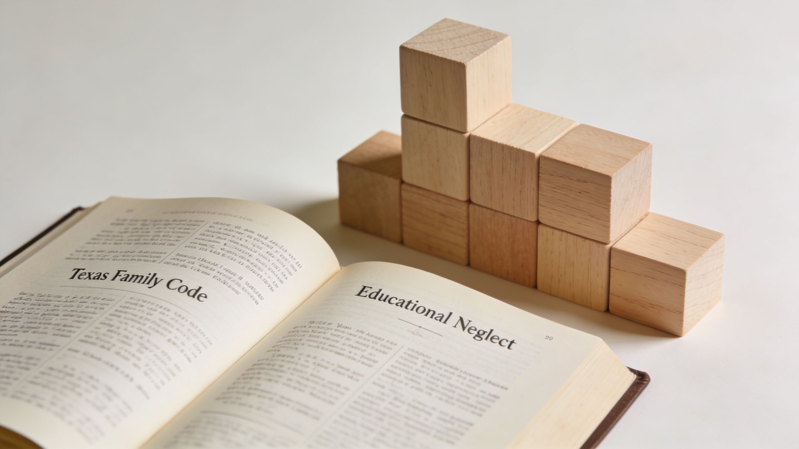 An open legal book titled Texas Family Code showing Educational Neglect with wooden blocks arranged like steps.