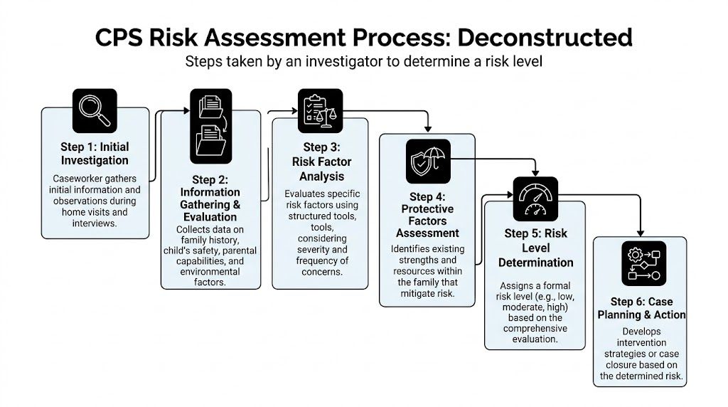 A flowchart diagram illustrating the six-step risk assessment process followed by child protective services investigators.