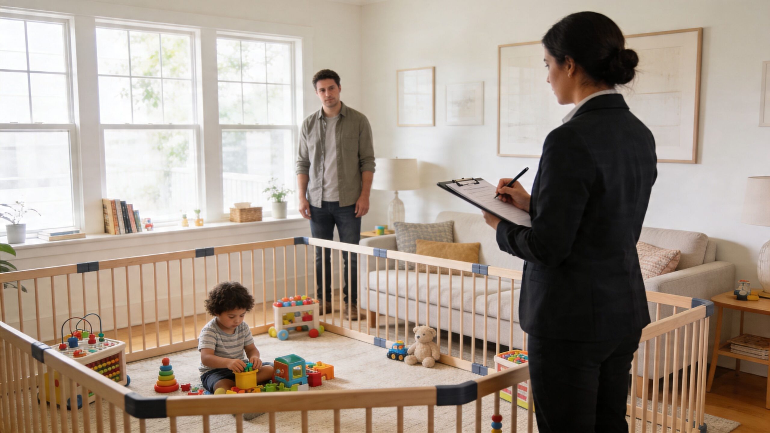 A social worker conducts a home safety assessment while a father watches his child playing inside a pen.