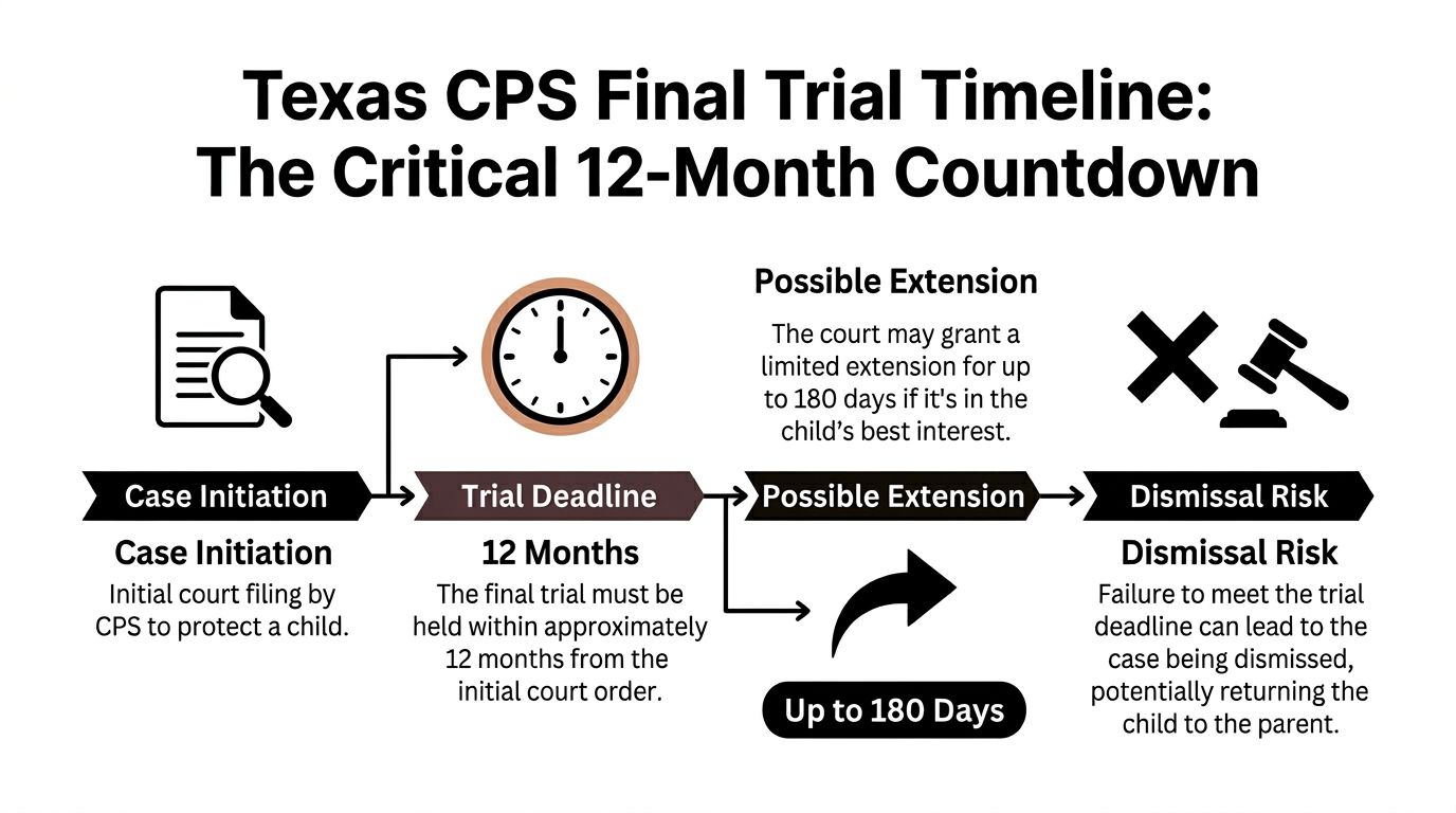 A timeline graphic illustrating the 12-month Texas CPS final trial process, including extensions and dismissal risks.