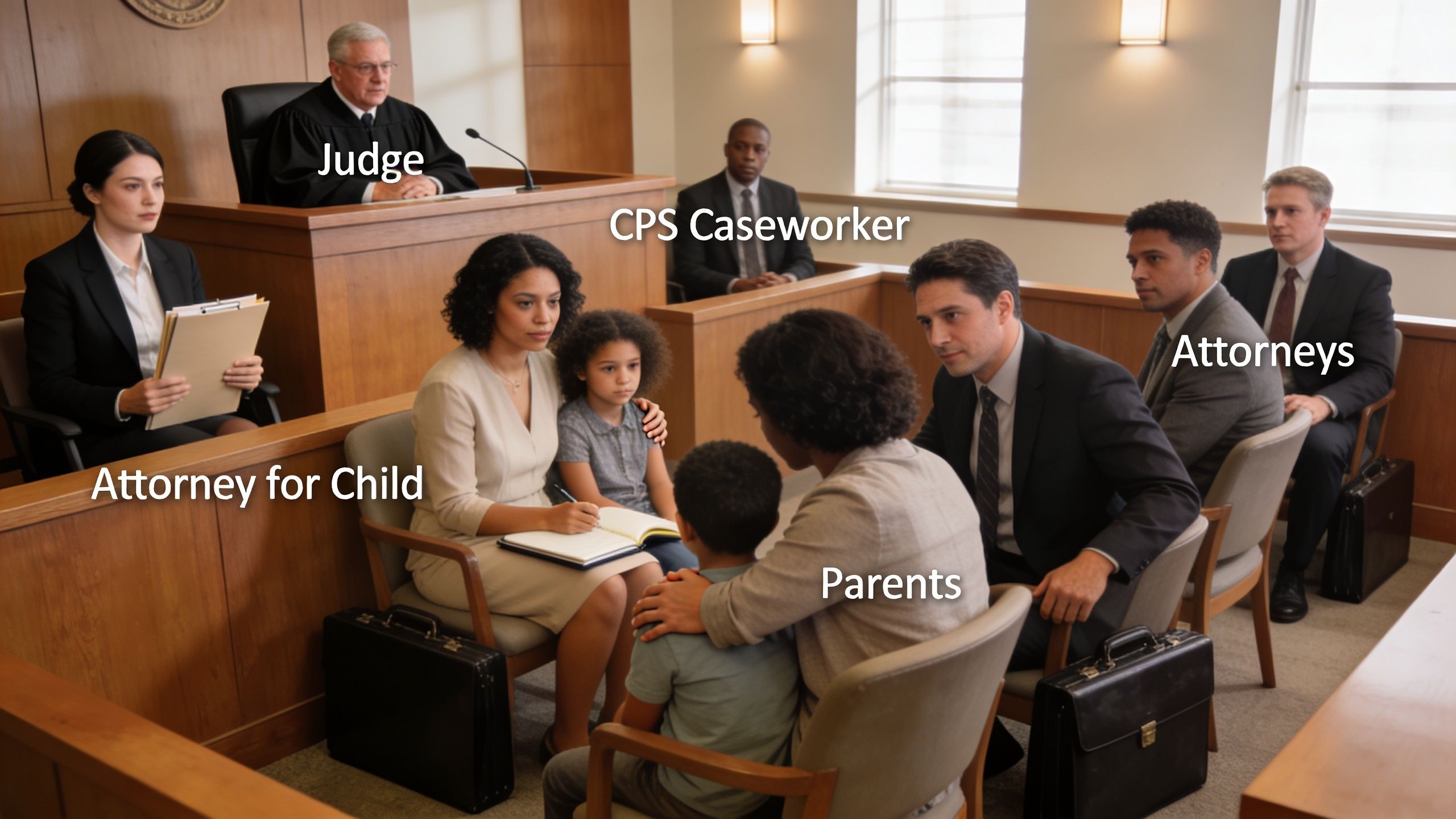 A family and legal professionals attend a formal court hearing regarding foster care placement in Texas.