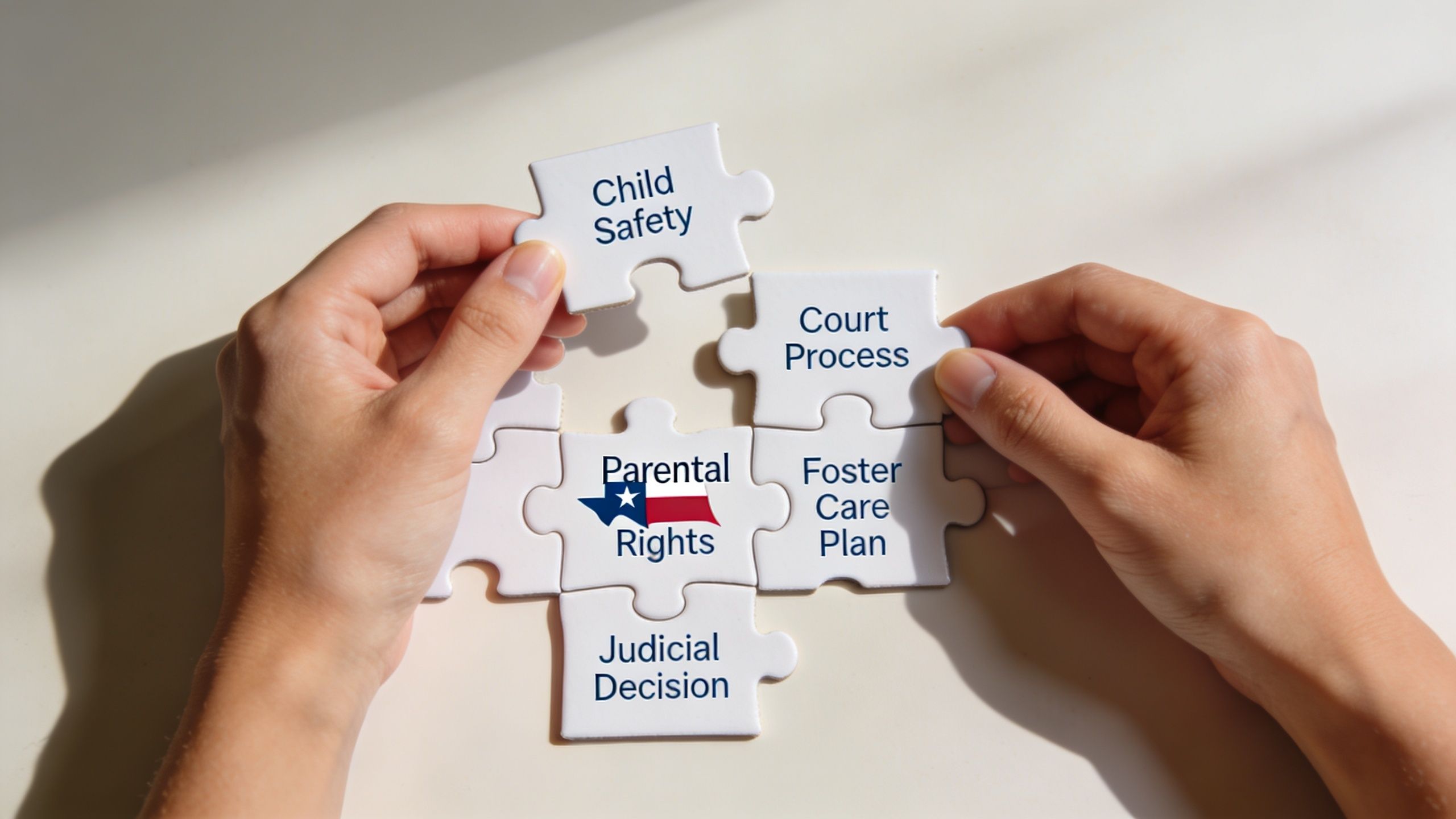 Hands fitting puzzle pieces together representing various aspects of the Texas foster care system and legal process.
