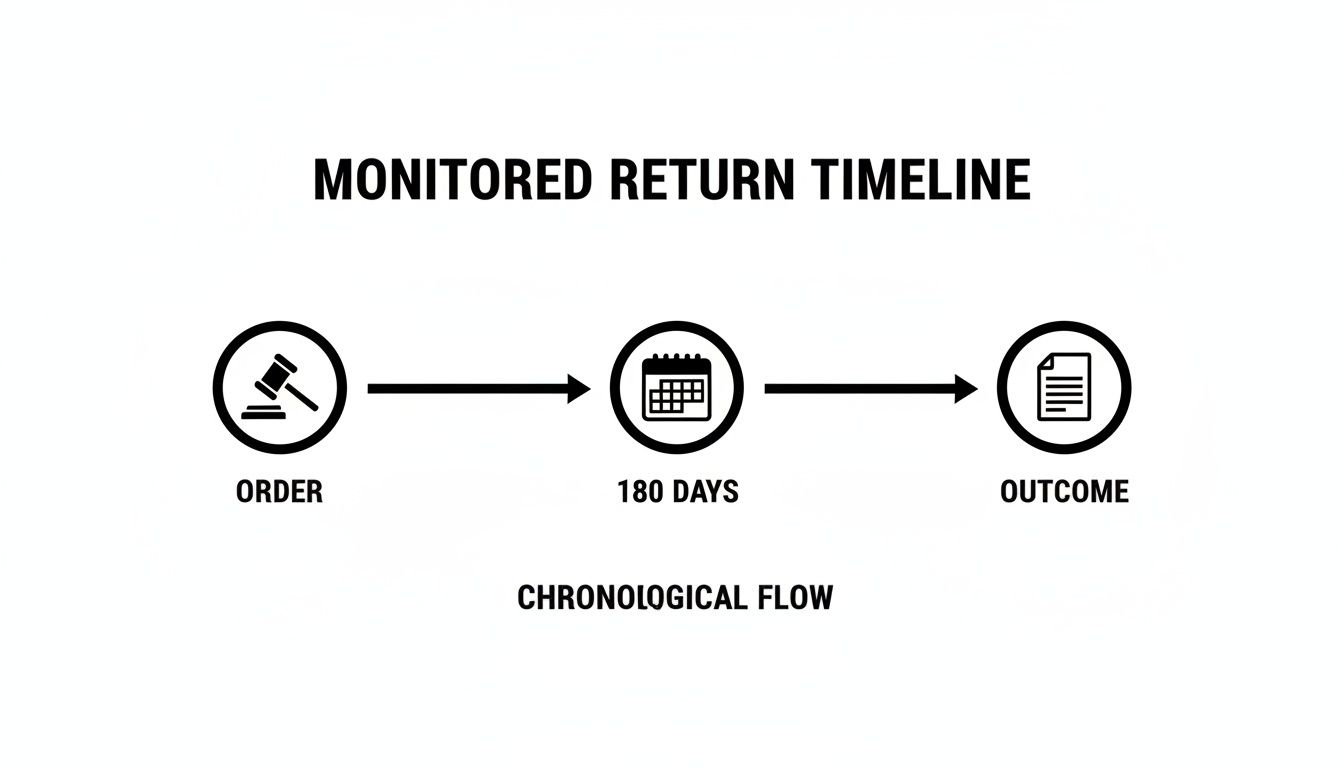 A chronological timeline illustrates the monitored return process, showing order, 180 days, and outcome.