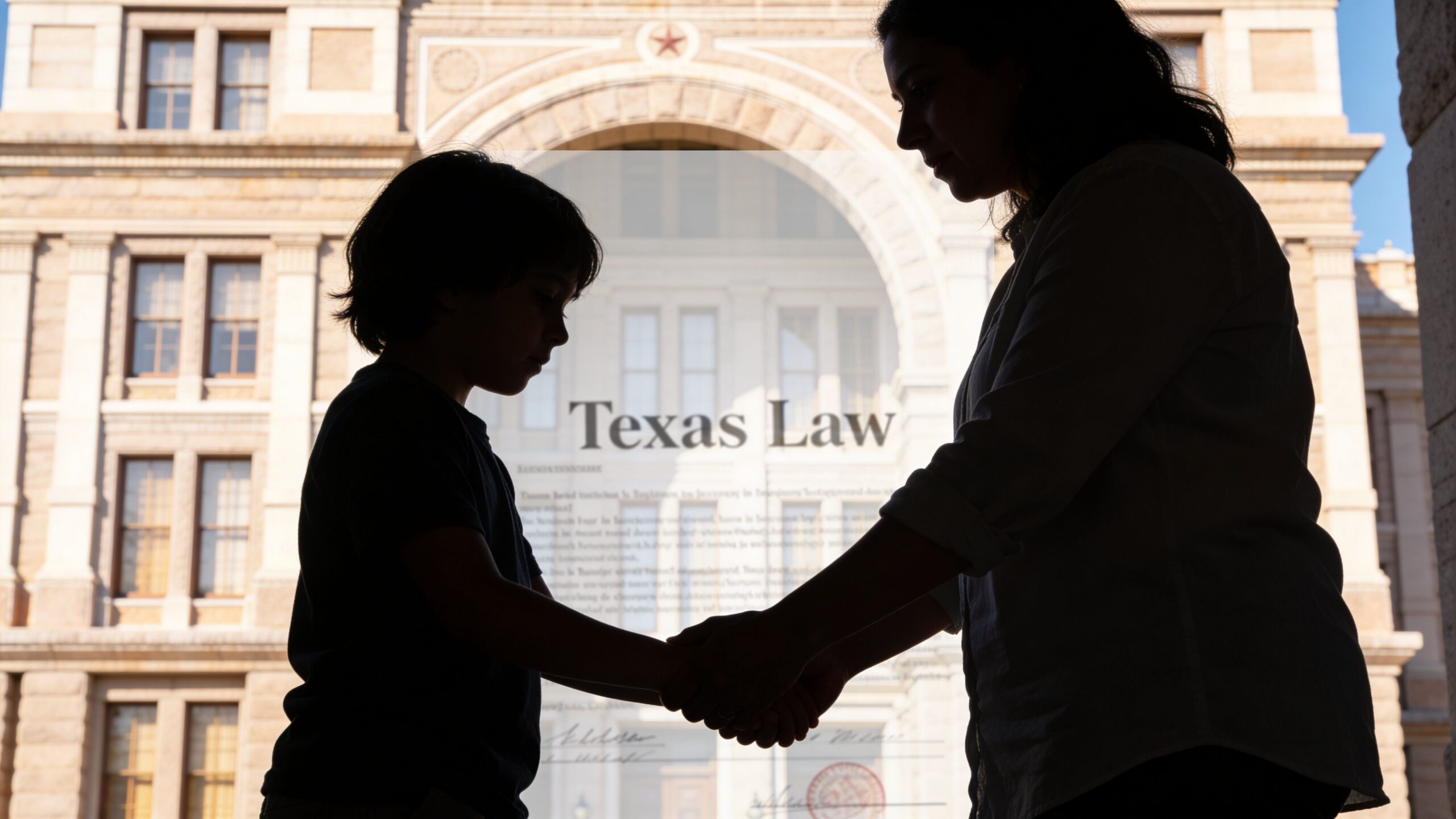 A silhouette of a child holding hands with a parent in front of the Texas State Capitol.