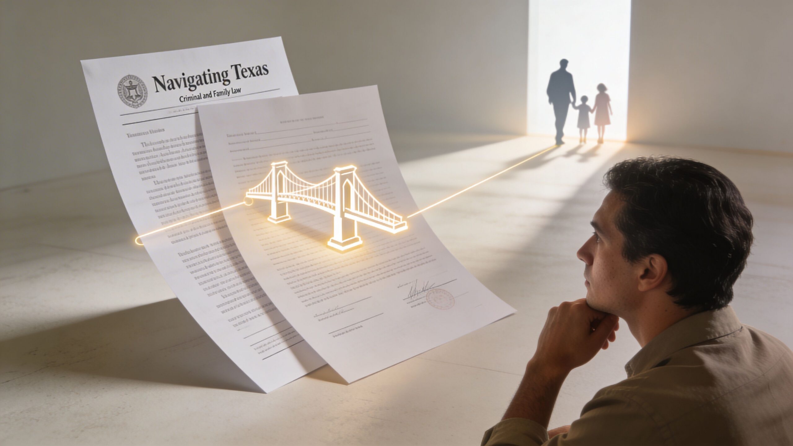 A man contemplates legal documents concerning family law while looking toward the future of his children.