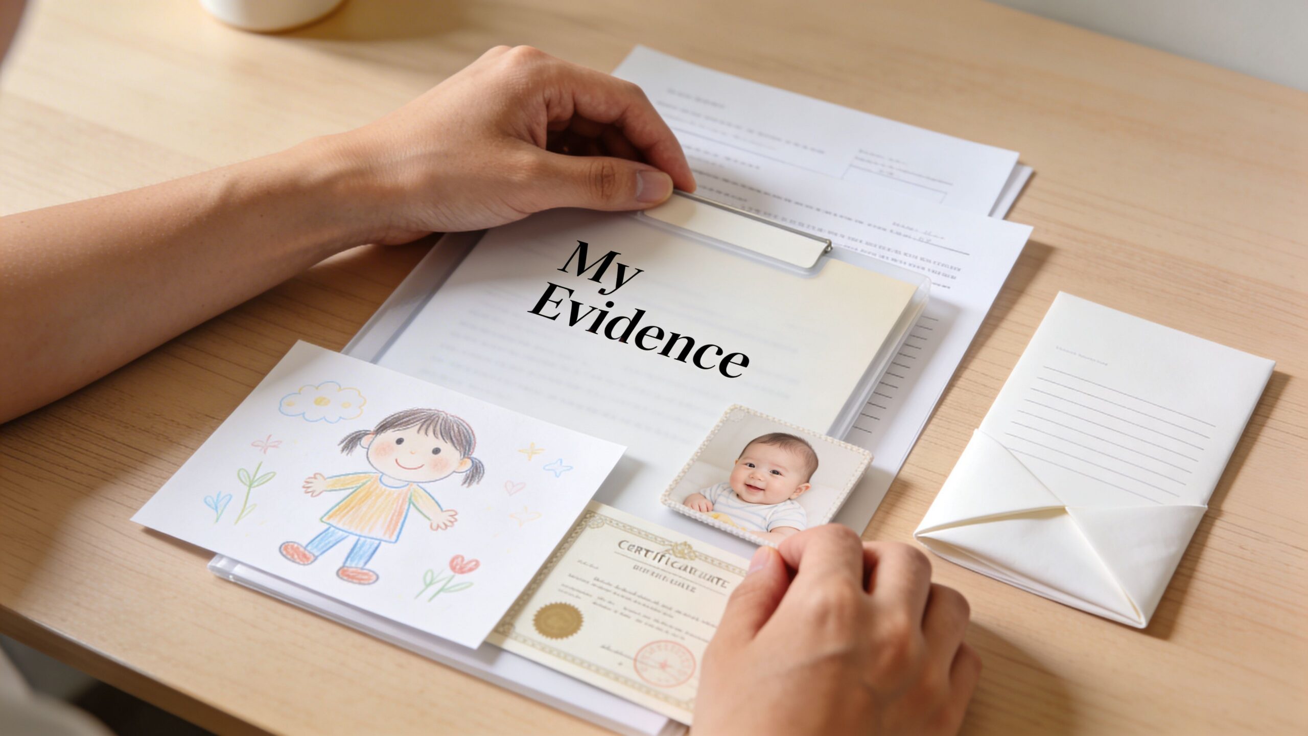 A parent organizing legal documents, a child's drawing, and a baby photo for a legal case.