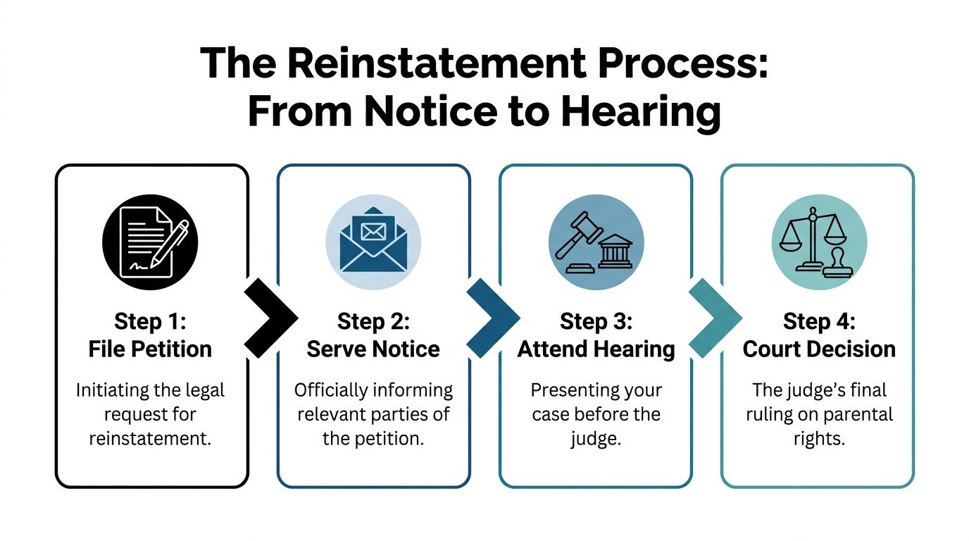 A four-step infographic showing the legal process for the reinstatement of parental rights in Texas.