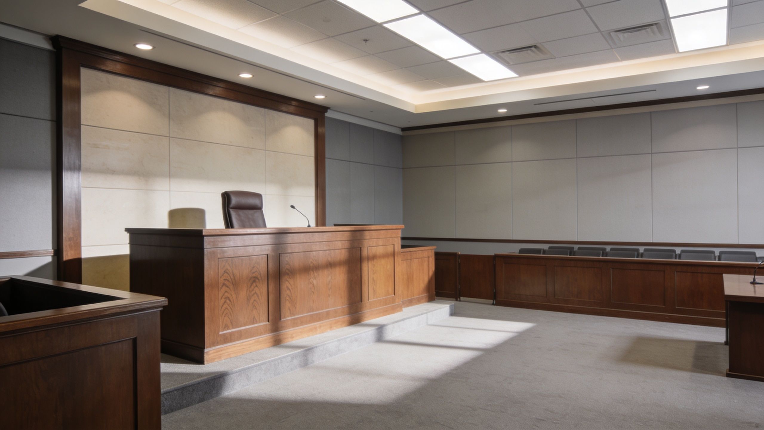 A quiet and empty modern courtroom featuring a judge's bench, wooden furniture, and gray panel walls.
