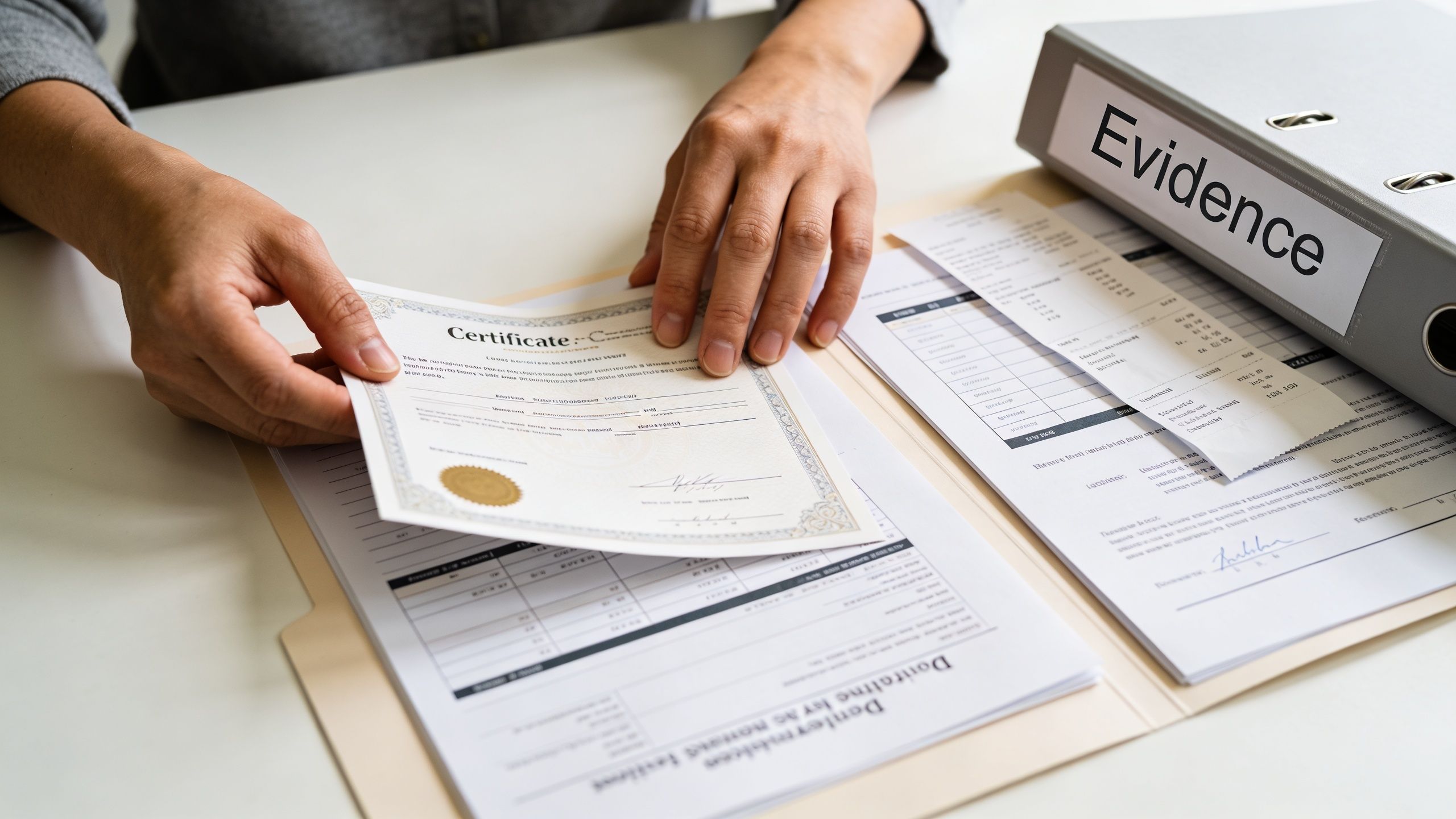 A person reviewing legal documents and a certificate near a gray evidence binder on a desk.