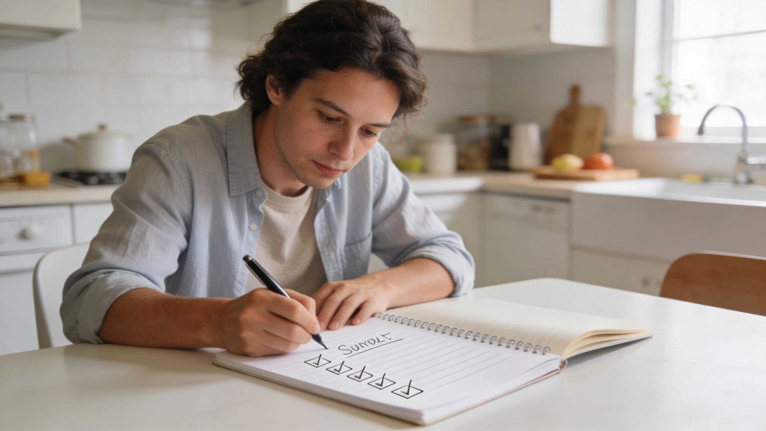A young man sitting at a kitchen table writing a checklist in an open notebook.