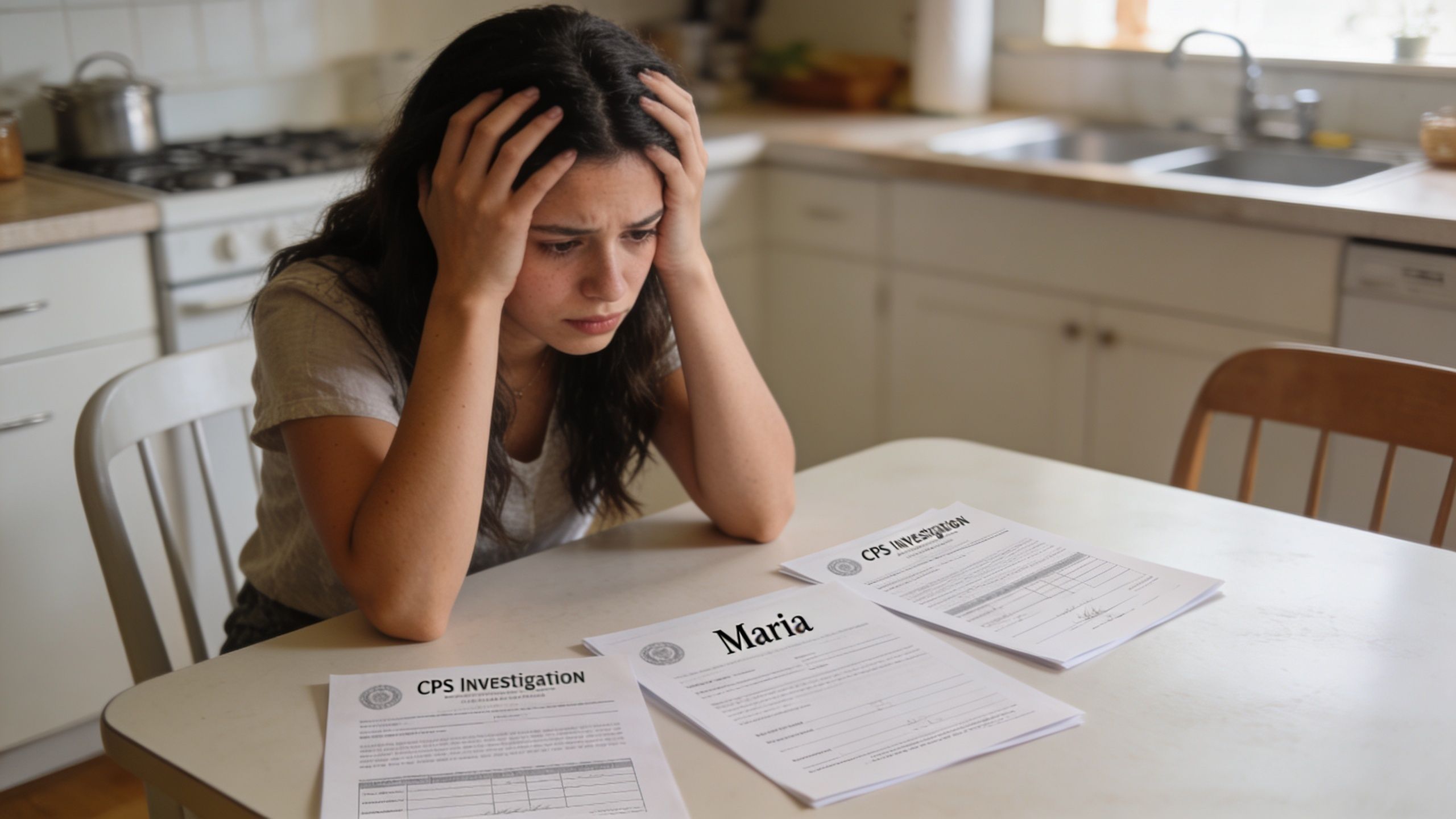 A distressed young woman sitting at a kitchen table with official CPS investigation documents laid out before her.