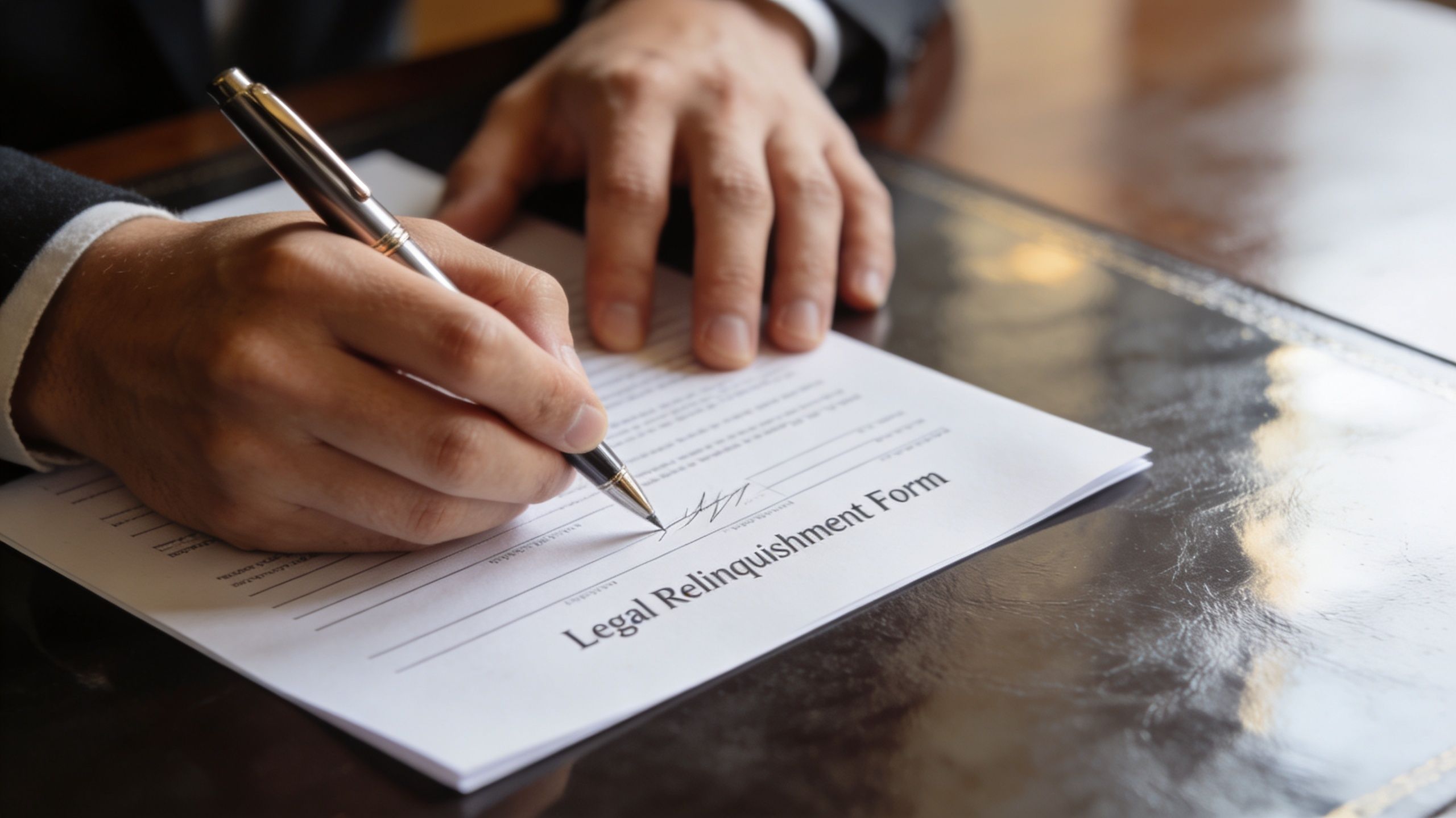 A professional in a suit signs a legal relinquishment form on a desk in an office.