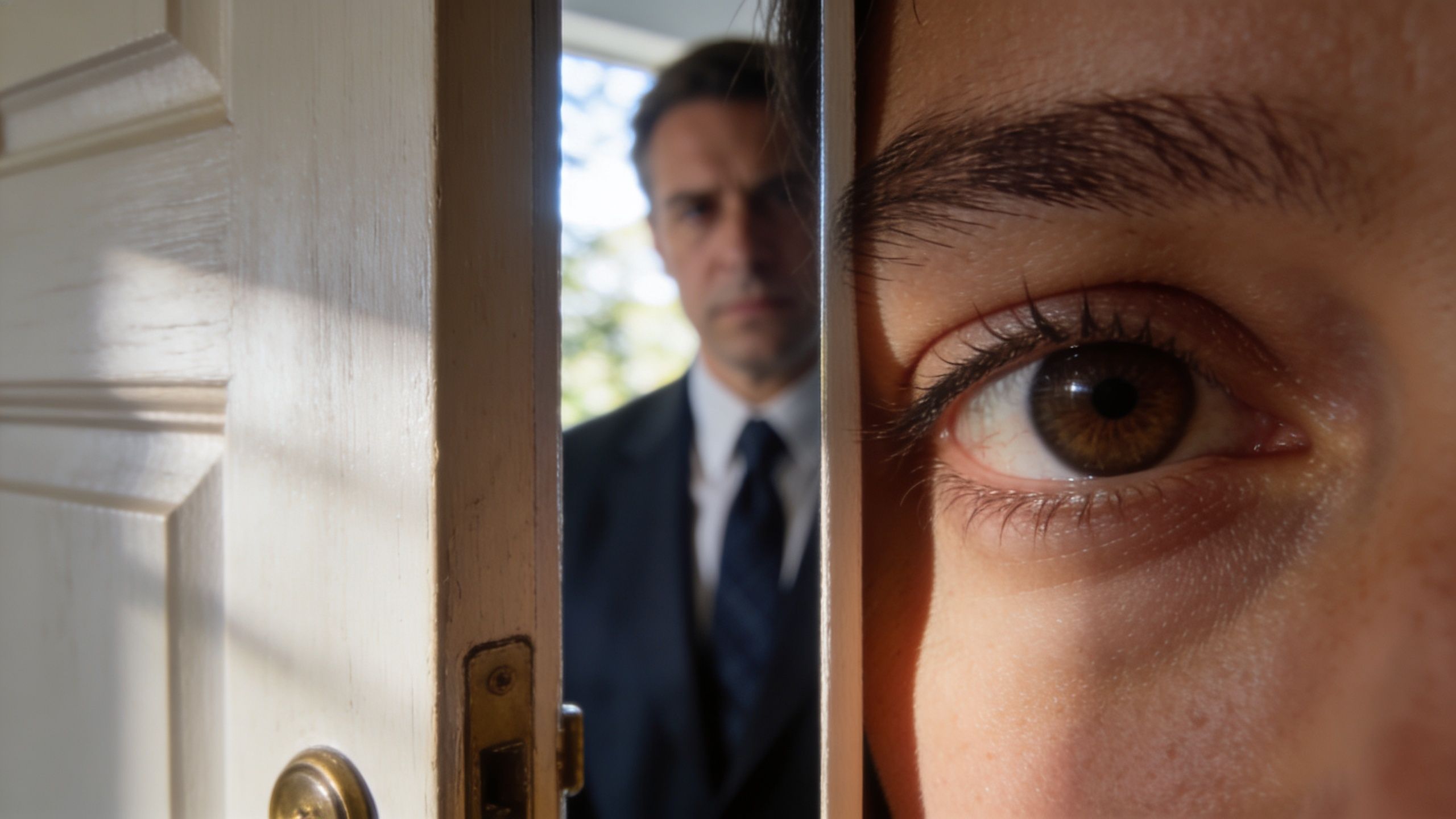 A close-up view of an eye peering through a partially open door at a man in a suit.